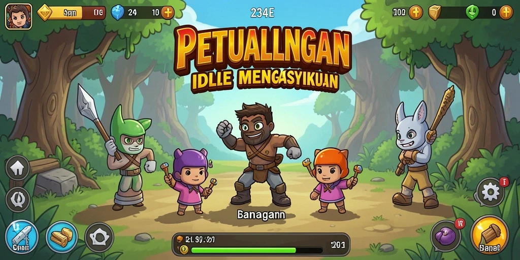 Tampilan gameplay 234E yang menarik dan ceria dalam genre Idle.
