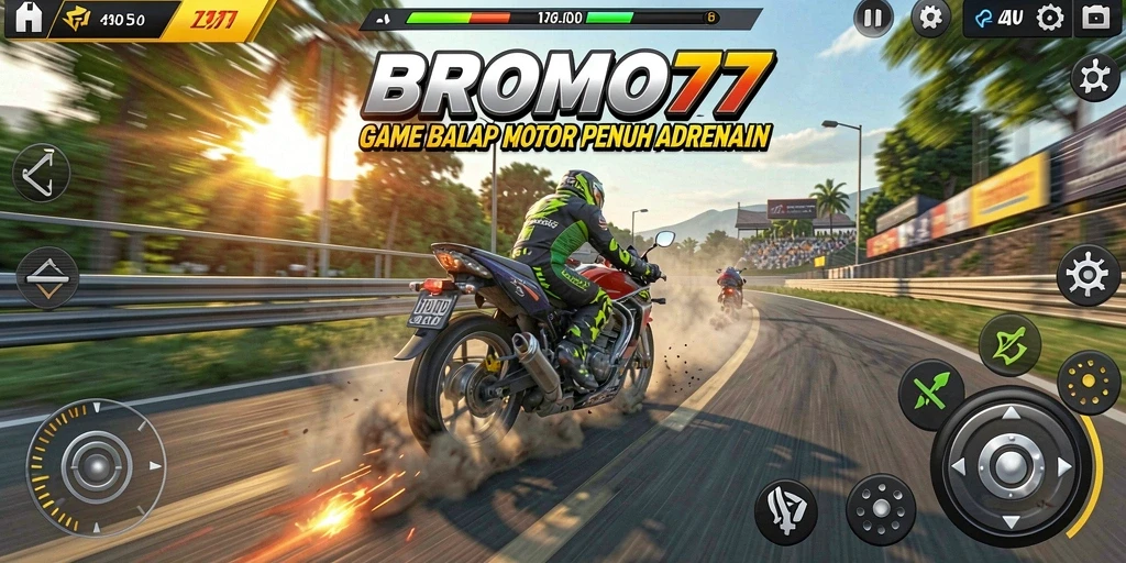 Gameplay BROMO77 yang mendebarkan saat balapan dengan motor cepat.