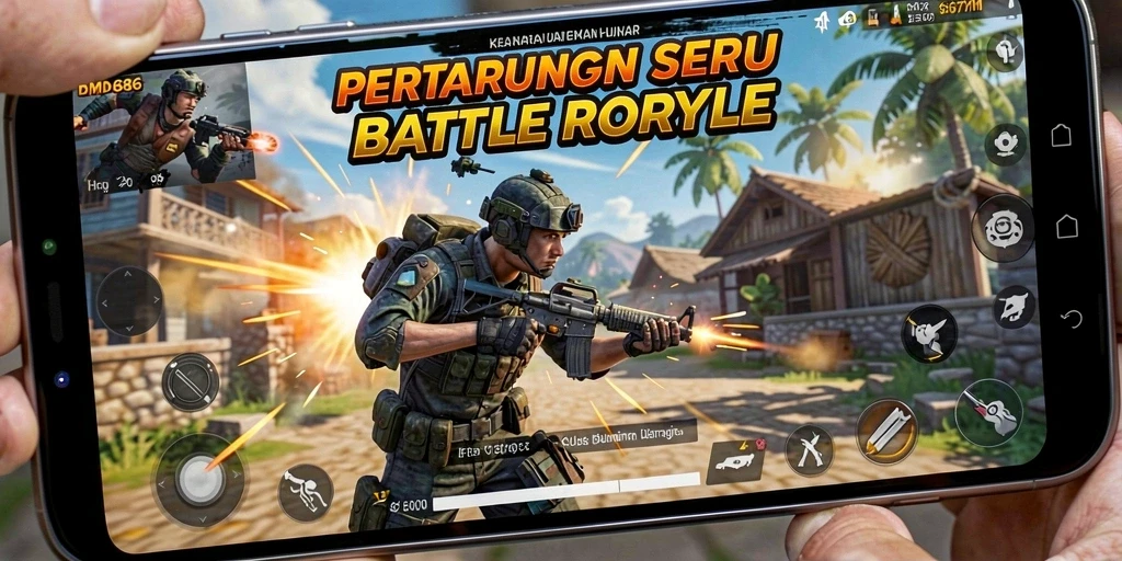 Screenshot gameplay DMD686 yang menampilkan aksi pertarungan Battle Royale.