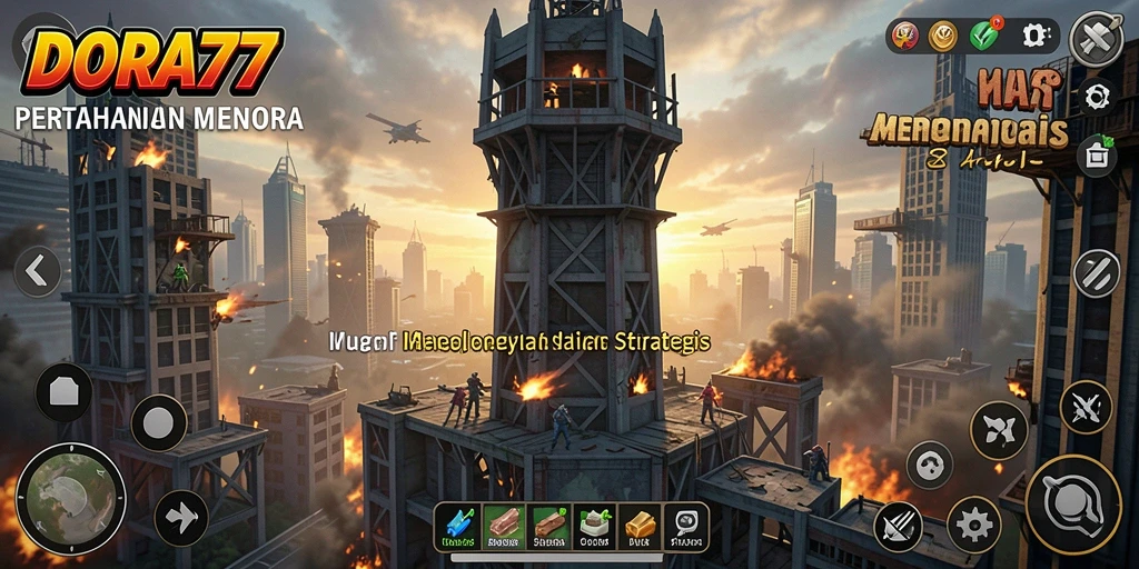 Screenshot gameplay DORA77 menunjukkan menara yang siap menghadapi musuh.