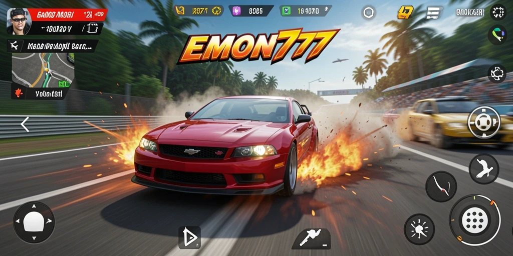 Screenshot gameplay EMON777 dengan aksi balap yang seru.