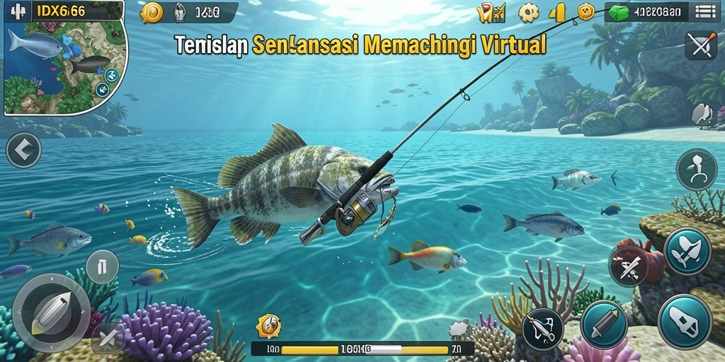 Gameplay IDX66 menampilkan momen menangkap ikan yang menegangkan dan seru.
