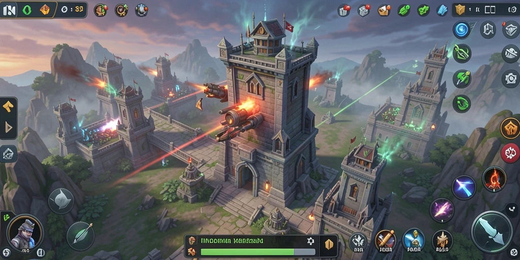 Screenshot gameplay INDAAA dengan tampilan pertahanan menara yang epik.