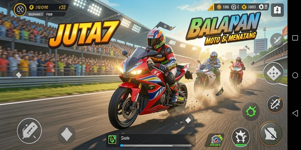 Screenshot gameplay JUTA7 menampilkan aksi balapan motor yang mendebarkan.