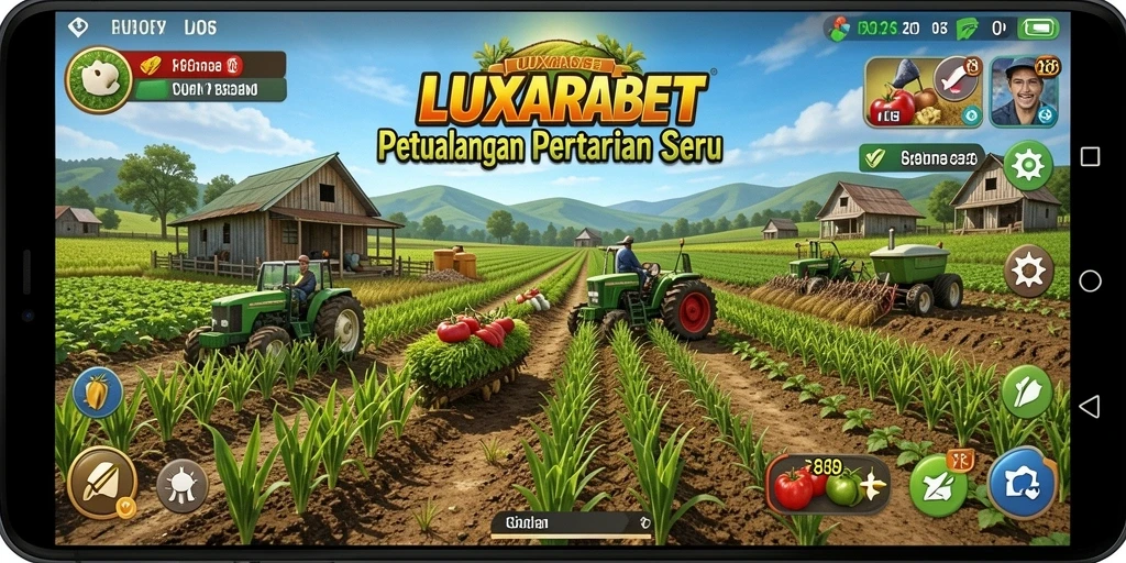 Screenshot gameplay LUXARABET yang menunjukkan kebun indah dan hasil panen.