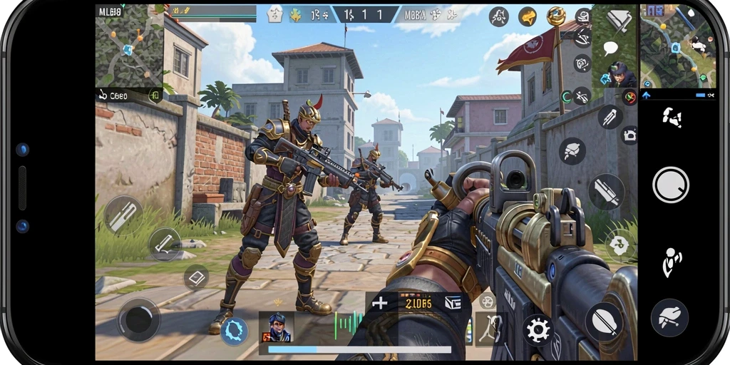 Screenshot utama MLBB8 menampilkan aksi gameplay seru dalam FPS.