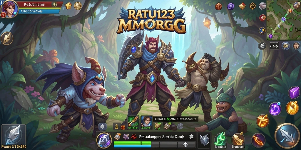 Tampilan permainan RATU123 dengan pemain bertarung melawan monster dalam dunia fantasi.
