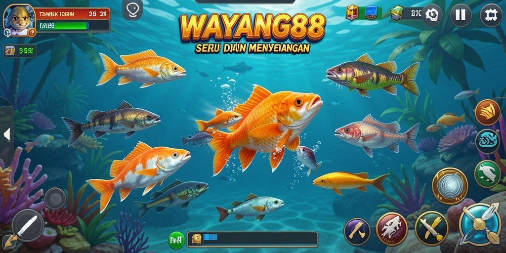 Tampilan gameplay WAYANG88 yang seru dengan berbagai ikan untuk ditembak.